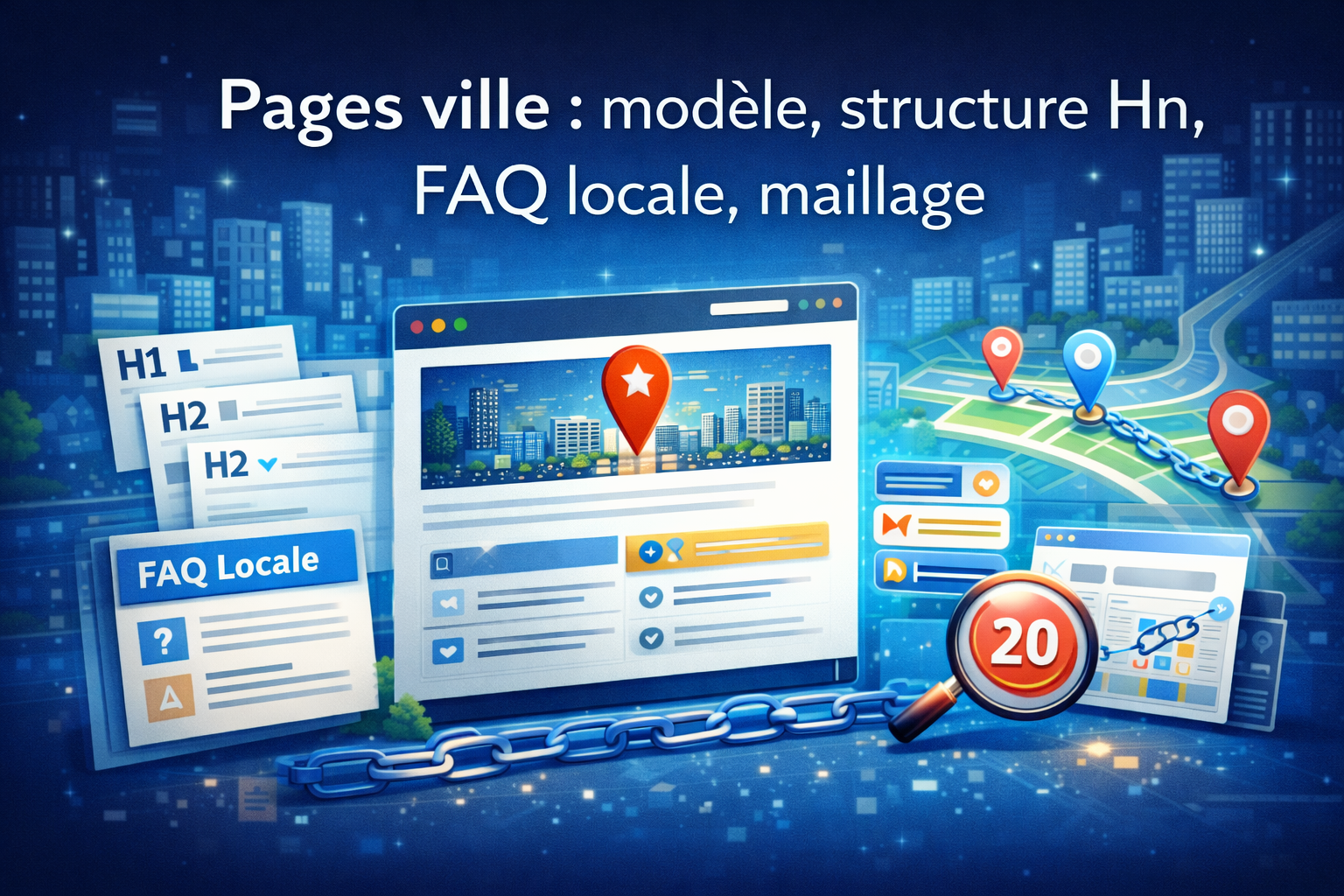 Pages ville : modèle, structure Hn, FAQ locale, maillage